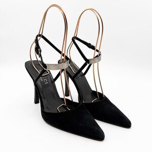 Gucci Black Suede Leather Strappy Heels Pointed Toe Size 7
